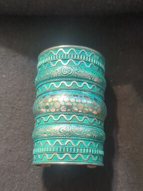 Silver Tone Turquoise Blue Floral Patterned Extra Wide Cuff Statement Bracelet